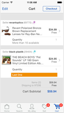eBay: простая корзина с основной информацией