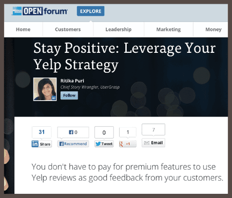 Заголовок статьи, написанной Ритикой о Eagle Rock: «Оставайтесь позитивным: задействуйте Yelp в вашей стратегии»