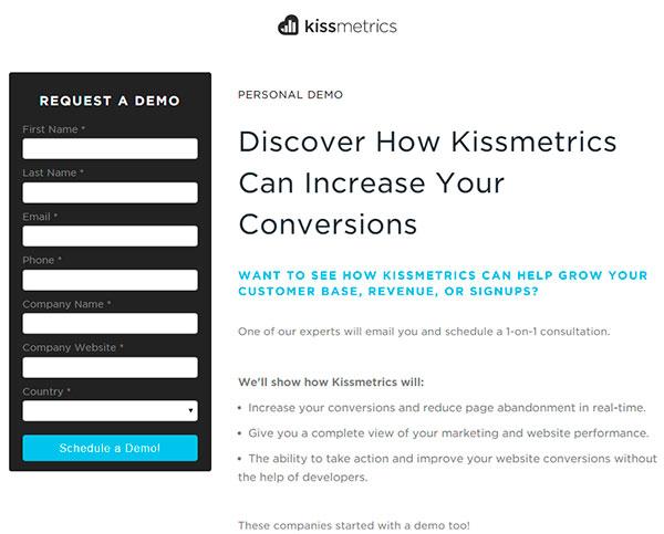 Форма для отправки запроса на демо-версию аналитической платформы KissMetrics занимает весь первый экран и состоит только из одной страницы