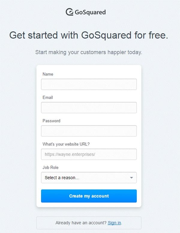 Форма регистрации на сайте компании GoSquared
