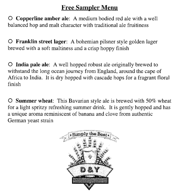 Меню с описанием 4-х видов пива, принявших участие в исследовании