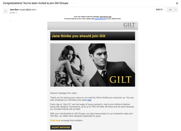 Заголовок письма: «Джейн считает, ты должен присоединиться к Gilt».