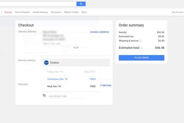 Google Express предлагает варианты доставки в выпадающем меню. Недопустимые опции выделены серым, и нажать на них не получится.