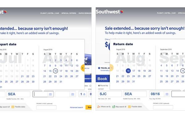 На сайте Southwest Airlines после назначения отъезда на 16 августа 2016 г. для выбора даты возвращения предлагается другой диапазон.