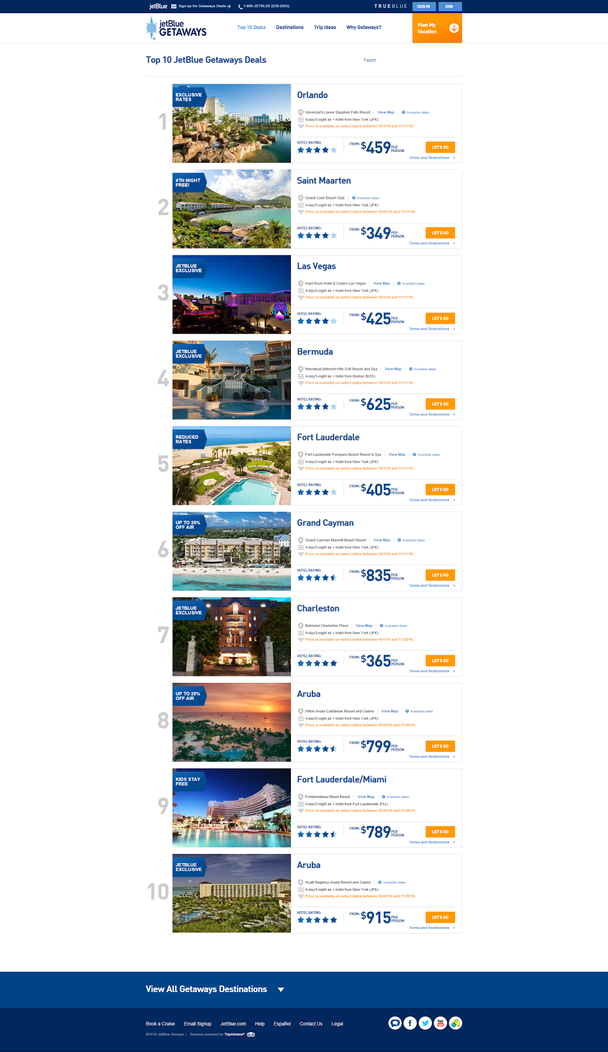 Еще одна страница исследования включала список пакетов отпусков, предлагаемых на www.jetBlue.com