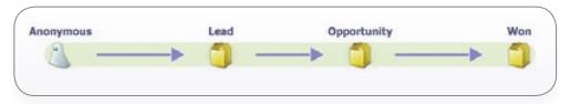 Простейшая линейная схема цикла доходов: анонимный посетитель (Anonymous) — лид (Lead) — возможность (Opportunity) — выигрыш (Won).