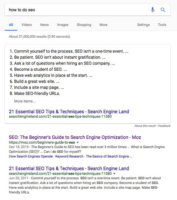 Результаты Google по запросу «как делать SEO»