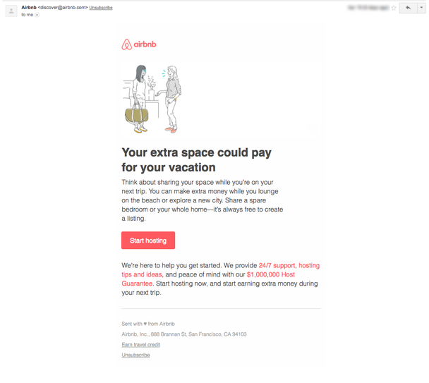 Через неделю Airbnb присылает еще одно электронное письмо и напоминает пользователям о том, что они могут заработать хорошие деньги.