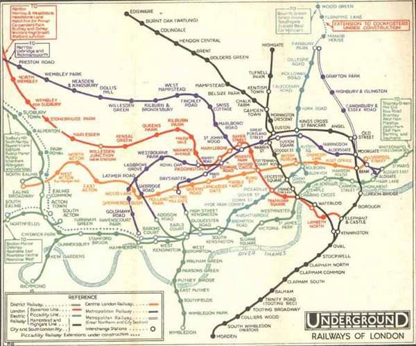 Карта сети Лондонского метрополитена в таком виде, как ее печатали до появления схемы Бека (1932 г.).