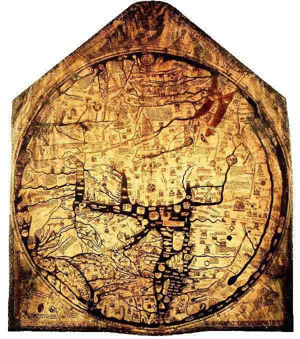 Херефордская карта мира (1300 гг.) организует географические местоположения в соответствии с их приблизительным направлением и расстоянием от Иерусалима, взятого в качестве точки отсчета.