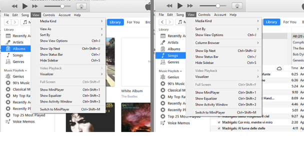 iTunes: Меню «Вид» содержит разные варианты в зависимости от того, выбрал ли пользователь вариант «Песни» или «Альбомы» в боковом меню «Библиотека».