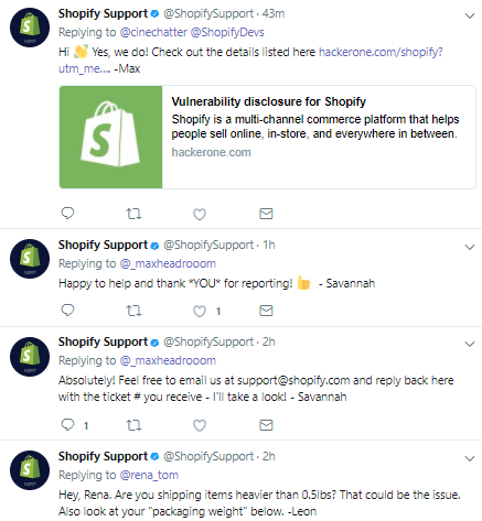 Shopify отвечает на твиты дружественно, понятно и своевременно
