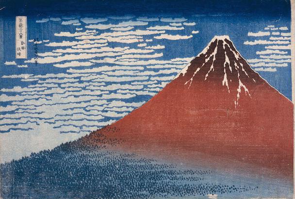 «Победный ветер. Ясный день» японского художника Кацусики Хокусая (1830). Акцент сделан на простых цветах, что создает ощущение покоя