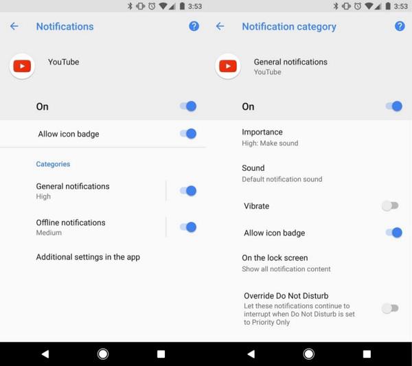 Android 8.0 представляет «Notifications Channels» — функцию, которая позволяет настраивать предпочтения для конкретных категорий уведомлений