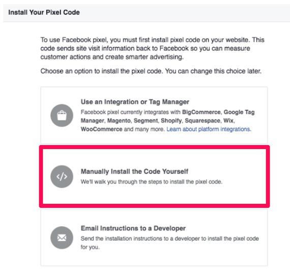 Выберите способ установки пикселя Facebook: Использовать интеграцию или Tag Manager Установить код вручную Отправить инструкции разработчику по эл. почте.