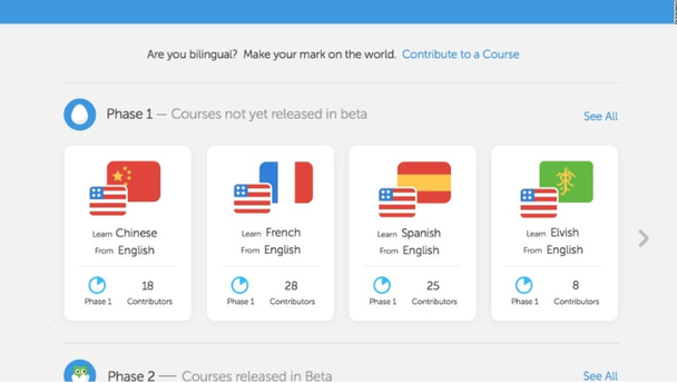 Duolingo предлагает пользователям перевести фразы из курсов, еще не вышедших в бета-версии: «Вы — билингв? Получите мировое признание. Внесите свой вклад в Курс»