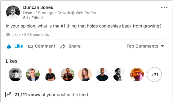 Дункан провел в своем LinkedIn опрос на тему «Что является главным тормозом для развития вашей компании?».