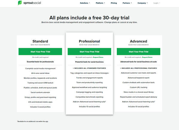 Sprout Social предлагает три пакета услуг: «Стандартный», «Профессиональный» и «Продвинутый». Все они состоят из разного набора функций