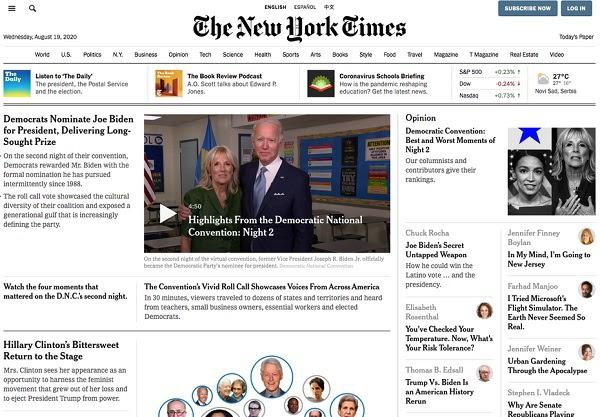 Домашняя страница The New York Times (2020 год)