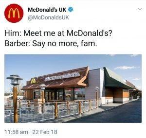 Он: Встретимся в «Макдоналдс» ? Парикмахер: Ни слова больше, брат!