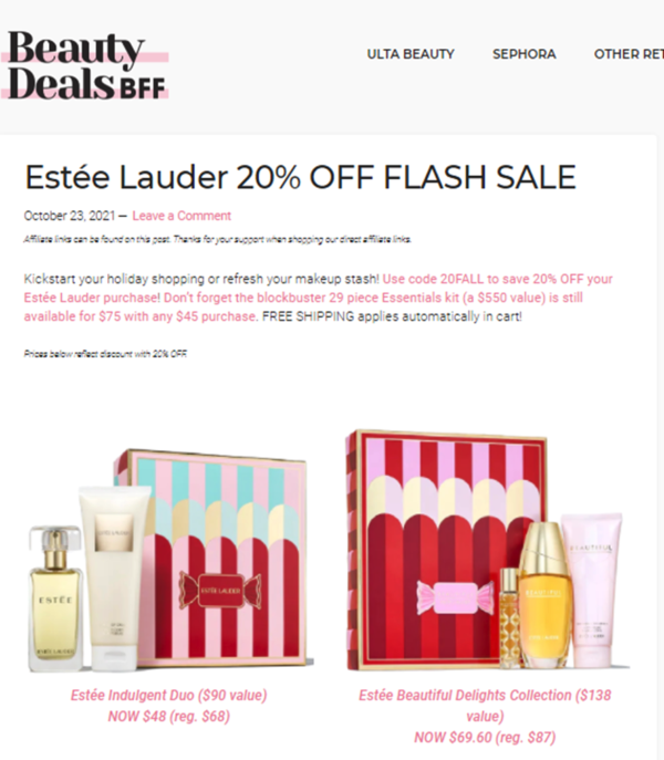 В течение одного дня Beauty Deals BFF предлагали скидку 20% на определенные наборы от Estee Lauder с бесплатной доставкой