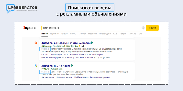 Пример рекламных объявлений в поисковой выдаче Яндекса