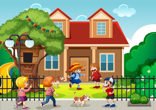 Картинка, изображающая группу детей, собаку, дом и лужайку перед ним, с freepik.com
