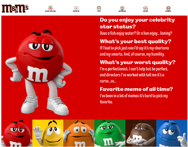 Один из примеров фирменных персонажей — говорящие конфеты M&M’s