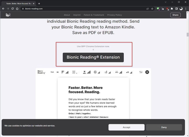 Зайдите на официальный сайт Bionic Reading и прокрутите страницу вниз, пока не увидите кнопку с надписью Bionic Reading Extension.