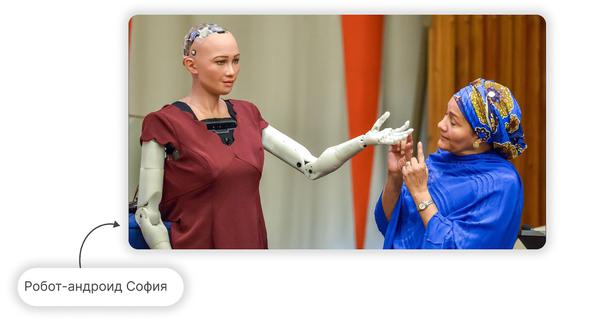 Пример андроида — робот София с искусственным интеллектом. Умеет проявлять эмоции, узнавать людей, понимает речь, а также учится при взаимодействии с людьми и так становится умнее