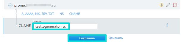 Перейдите во вкладку "CNAME" и пропишите значение testlpgenerator.ru. (с точкой на конце!) и нажмите "Сохранить"