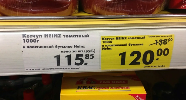 Кетчуп за 115,85 рублей выгоднее, но внимание привлекает другой ценник — за 120 рублей