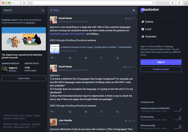 Интерфейс Mastodon очень смахивает на Twitter и, по сути, является его альтернативой