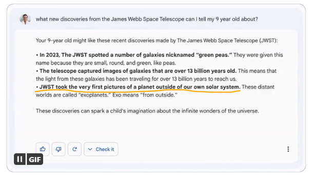 Чат-бот от Google Bard допустил ошибку, написав, что телескоп «Джеймс Уэбб» первым сфотографировал экзопланету.