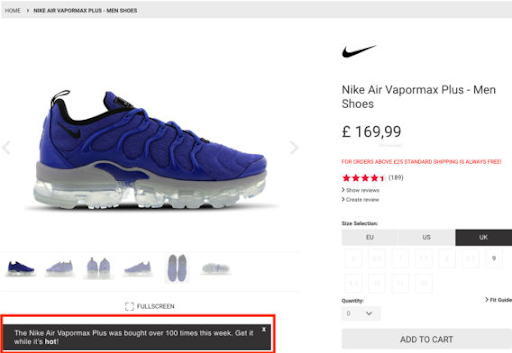 «Nike Air Vapormax Plus купили свыше 100 раз на этой неделе. Успейте купить, пока они еще есть в наличии!»